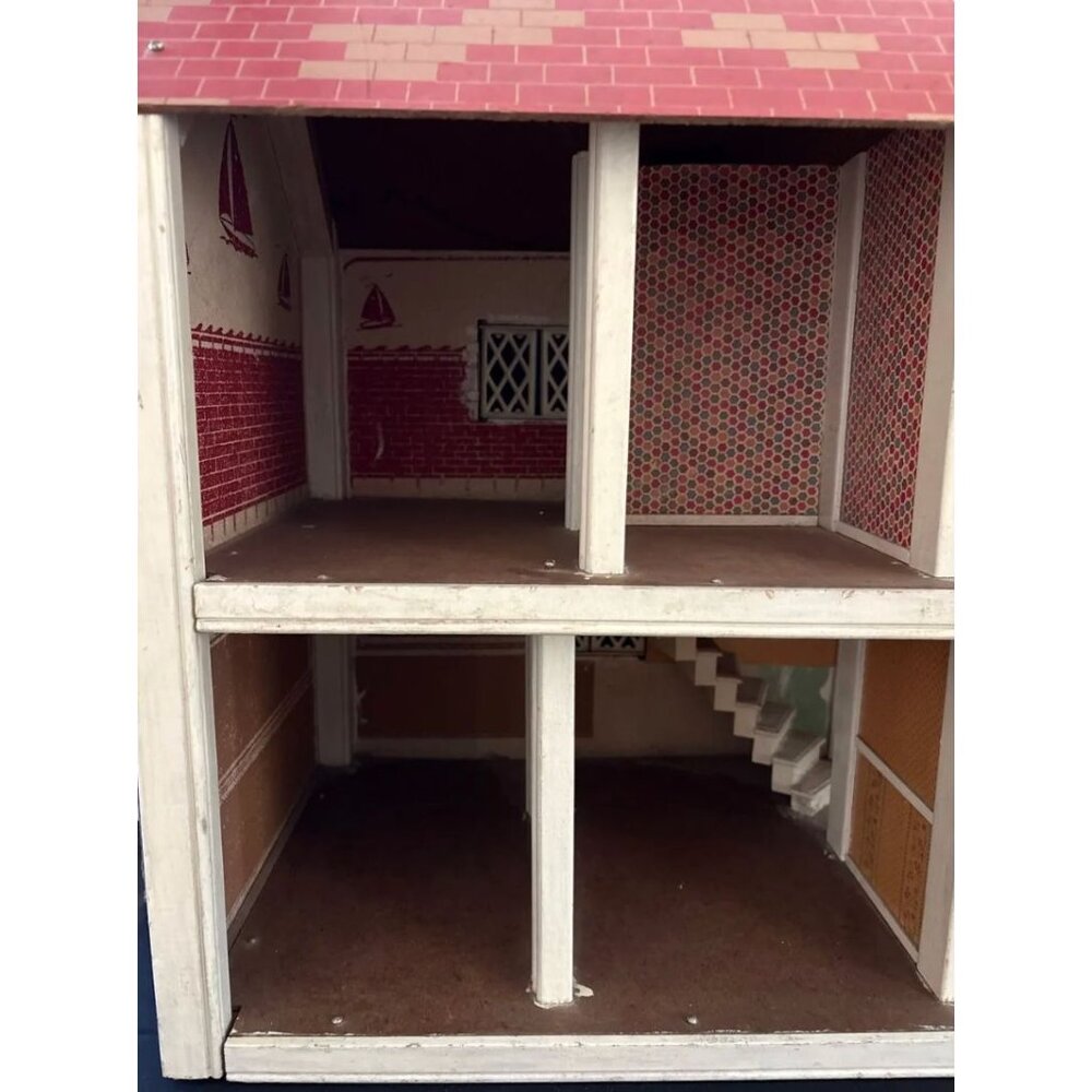 Vintage 2 Story Wooden Dollhouse Litho Exterior Large 24” Mid Century - Picture 5 of 14